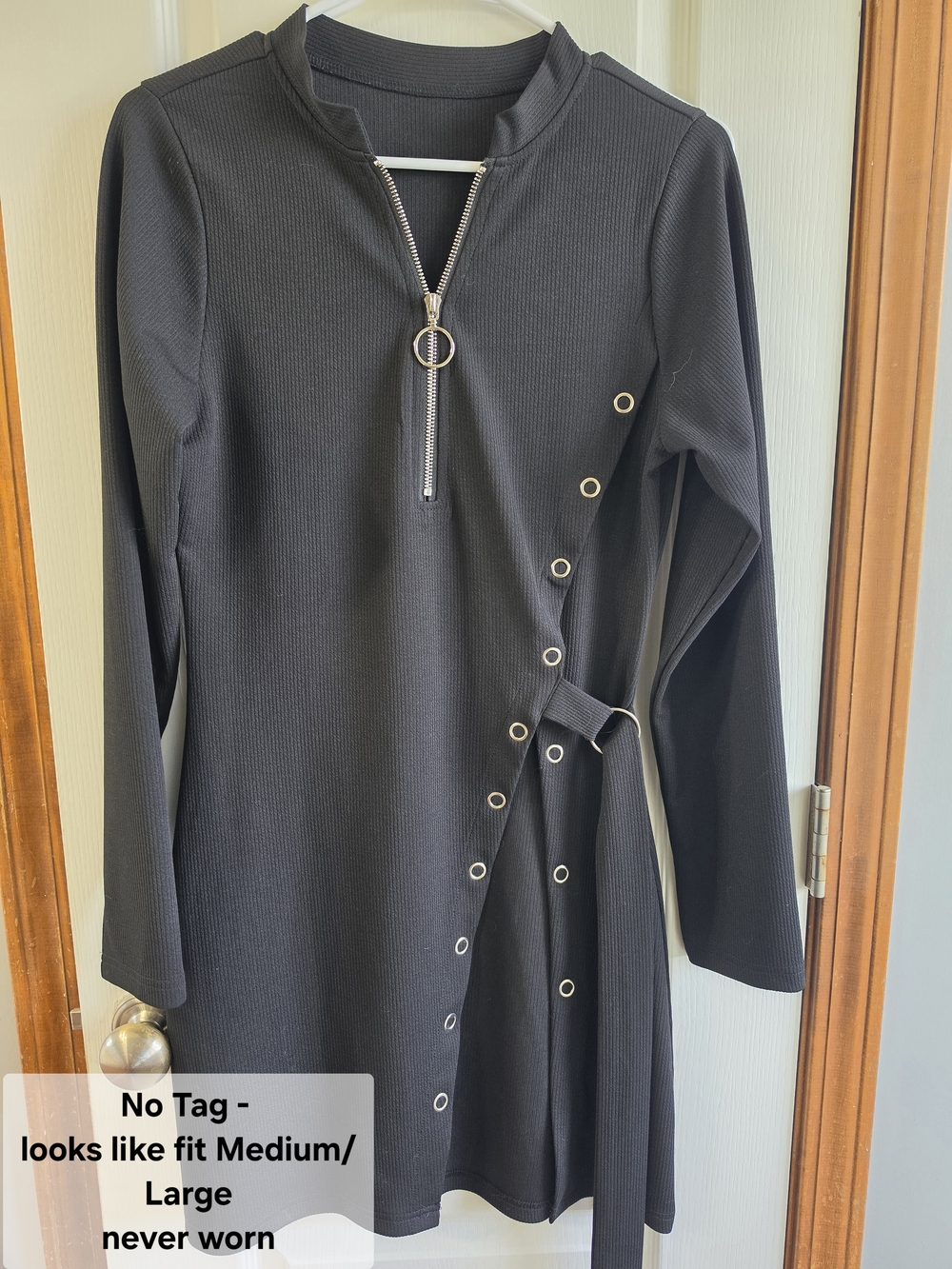 Black Long-Sleeve Zip Front Eyelet Detail Dress
